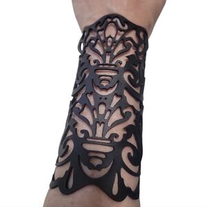 Laser-Cut Black Leather Cuff Bracelet
